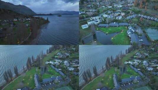 秋天雪山湖泊绿草地新西兰高清在线视频素材下载