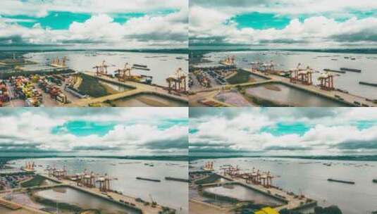无人机航拍扬州港口云层延时摄影轮船高清在线视频素材下载
