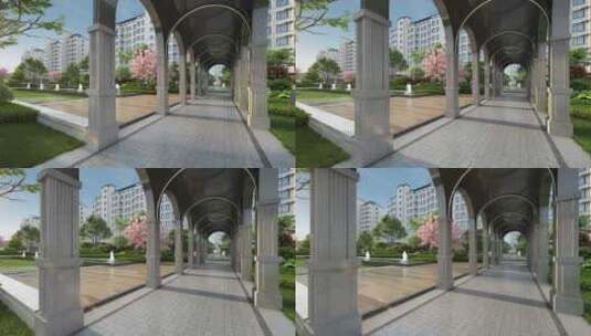 住宅小区拱形走廊三维动画高清在线视频素材下载