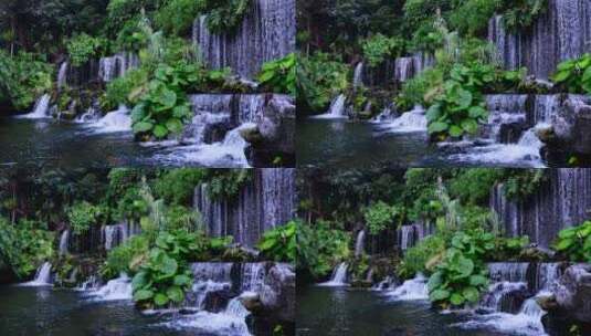 中式园林景观假山瀑布流水慢动作高清在线视频素材下载