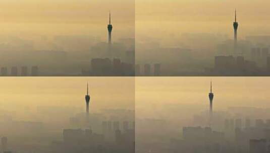 中国河南郑州清晨日出晨雾城市风光航拍高清在线视频素材下载