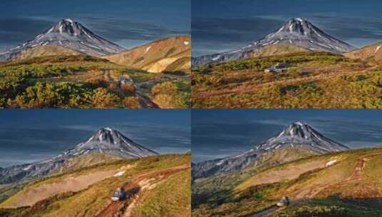 越野吉普车驶离火山天线高清在线视频素材下载