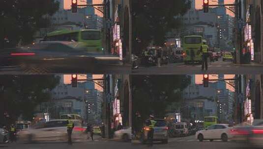 上海街道交警车流慢门傍晚黄昏城市交通高清在线视频素材下载