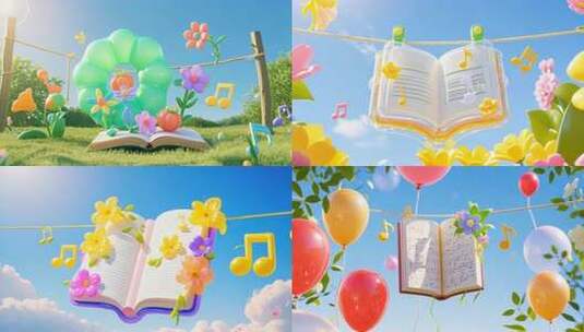 空中漂浮的书籍与花朵音符高清在线视频素材下载