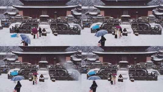 天台华顶寺建筑雪景空中俯瞰全景高清在线视频素材下载