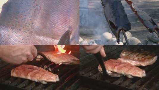 鱼在烤架上被烹饪高清在线视频素材下载