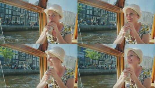 阿姆斯特丹运河游船上的女人高清在线视频素材下载
