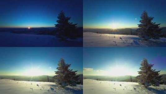 从长满松树的雪山上升起的日出高清在线视频素材下载