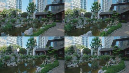城市高楼建筑群里的中式园林庭院高清在线视频素材下载