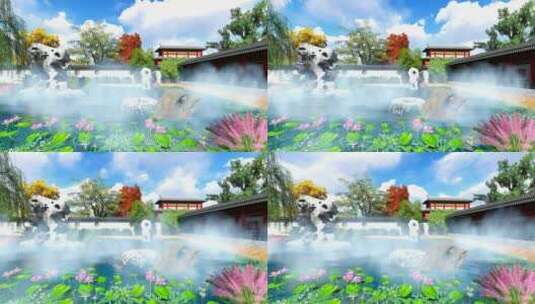 古代花园游廊回廊池塘荷花-白天动画高清在线视频素材下载