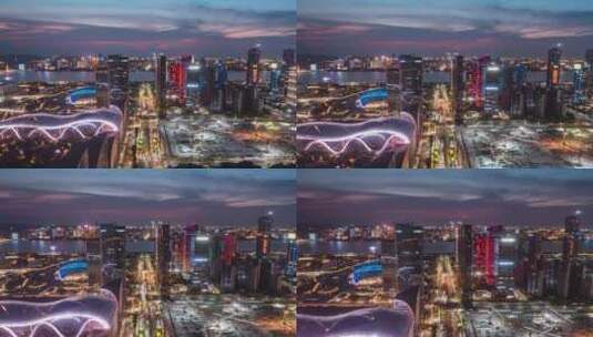 高速发展的杭州滨江夜景航拍延时高清在线视频素材下载