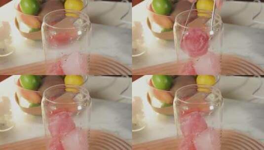 玻璃杯放入玫瑰冰块倒入玫瑰沙冰冷饮高清在线视频素材下载