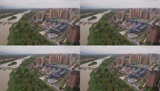 城市绿化河流楼建筑工地楼房街道后飞高清在线视频素材下载