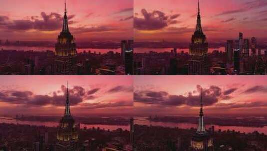 城市航拍纽约帝国大厦摩天大楼日落晚霞高清在线视频素材下载