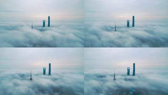 上海东方明珠金融中心平流雾航拍延时4k高清在线视频素材下载