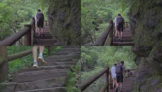 情侣栈道通行爬山旅游视频高清在线视频素材下载