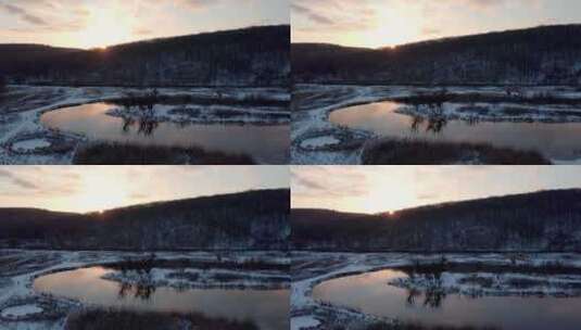 冬季河流上的日落天线和风景优美的日落高清在线视频素材下载