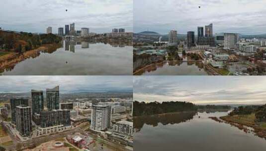城市航拍澳大利亚堪培拉摩天大楼河流热气球高清在线视频素材下载