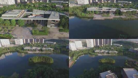 武汉光谷未来城航拍湖水建筑绿植高清在线视频素材下载