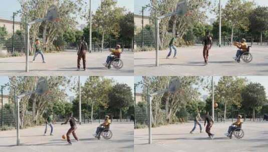 朋友们和轮椅上的残疾人一起打篮球高清在线视频素材下载