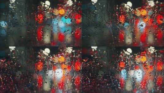 【1镜头】雨天模糊玻璃窗伤感夜晚孤独光斑高清在线视频素材下载