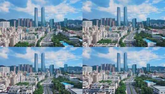 深圳龙岗区星河双子塔地标航拍高清在线视频素材下载