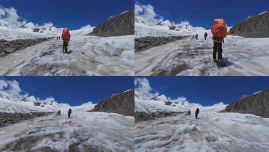 攀登四川第二高峰中山峰的登山队徒步冰塔林高清在线视频素材下载