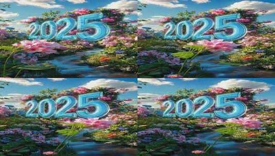 【4K高清】花丛中的2025新年标志标识高清在线视频素材下载