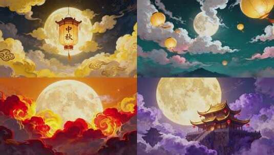 月夜云间飘飞的古风灯笼高清在线视频素材下载