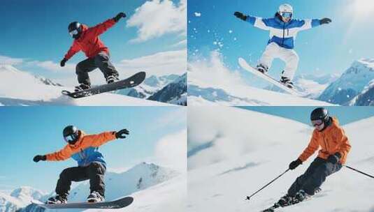 滑雪者在雪山享受阳光和云雾缭绕的山坡高清在线视频素材下载