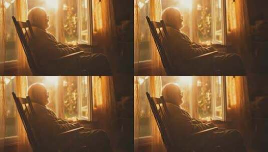 老人坐摇椅窗边静望高清在线视频素材下载