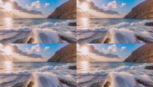 海边日落海浪拍打岩石景观高清在线视频素材下载