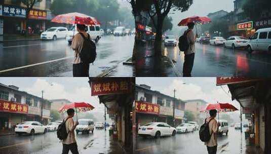 男子雨天撑伞站立街道边高清在线视频素材下载