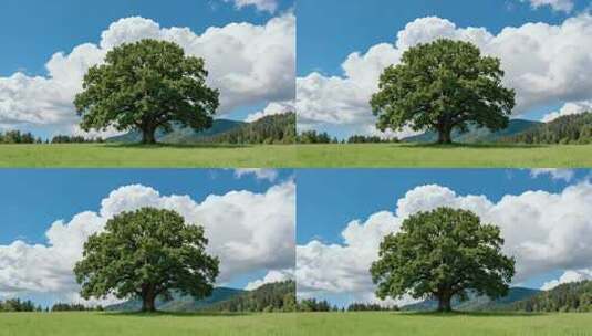 草原上的大树与蓝天白云风景高清在线视频素材下载