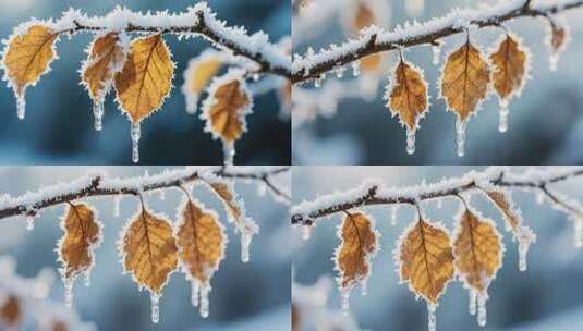 覆雪枯叶挂冰柱自然景象高清在线视频素材下载