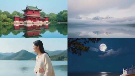 月夜下的湖边风景高清在线视频素材下载