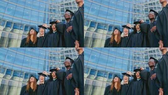 教育、毕业和成功，学生朋友一起扔帽子庆祝高清在线视频素材下载
