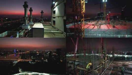 航拍广州国际金融城的夜间施工现场高清在线视频素材下载