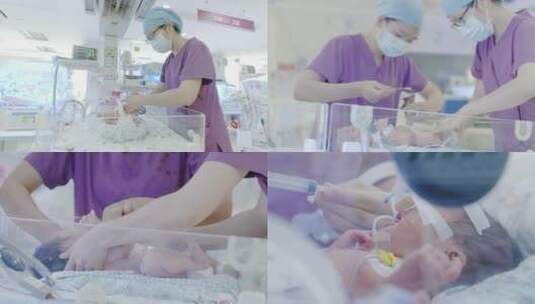 新生儿科保温箱护理护士照顾新生儿打针高清在线视频素材下载