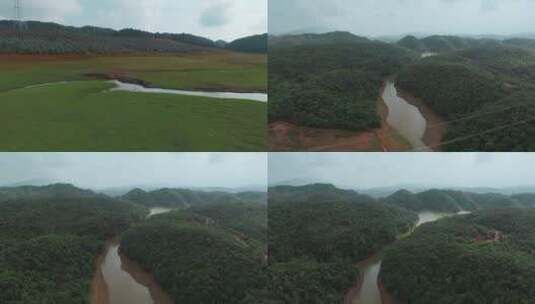 草场水库视频掩映在山林间的河流草地森林高清在线视频素材下载