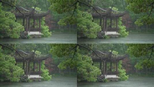 154 杭州 风景 古建筑 下雨天 亭子 树枝高清在线视频素材下载