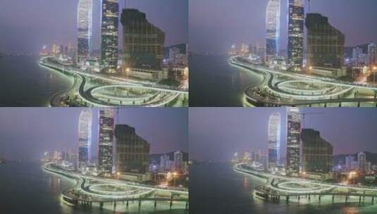 厦门海峡世茂双子塔演武大桥地标建筑夜景高清在线视频素材下载
