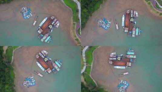航拍浅滩上停放的船堆高清在线视频素材下载