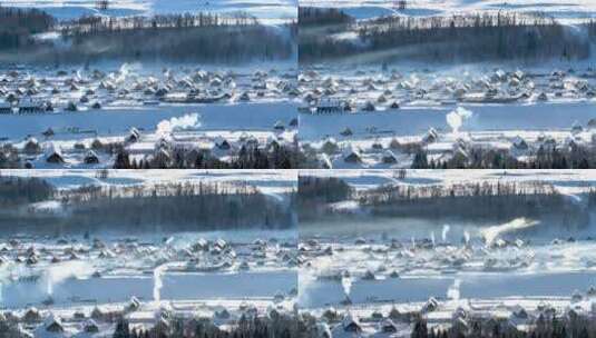 新疆禾木村冬季炊烟自然风光高清在线视频素材下载