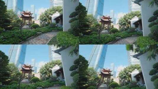 城市高楼建筑群里的中式园林庭院高清在线视频素材下载