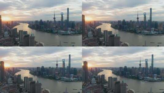上海杨浦陆家嘴城市天际线日出4K航拍高清在线视频素材下载
