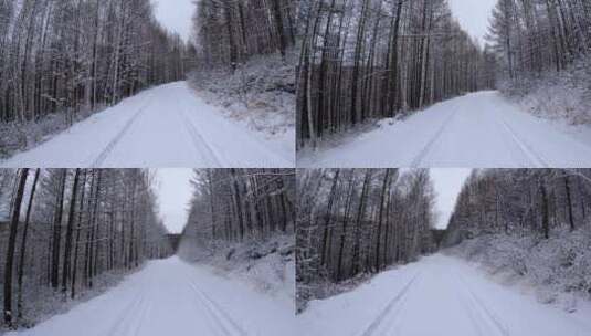 行驶在林海雪原的雪路上高清在线视频素材下载