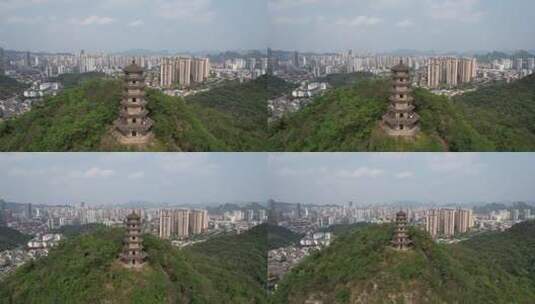 广西柳州盘龙双塔地标建筑航拍高清在线视频素材下载