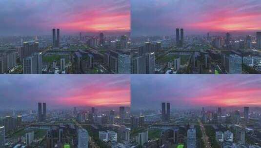 傍晚杭州滨江城市天际线航拍高清在线视频素材下载