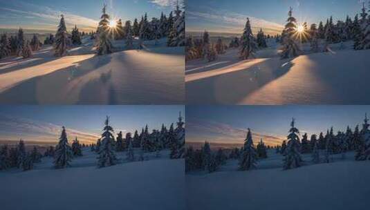 延时拍摄冬日森林中的日落高清在线视频素材下载
